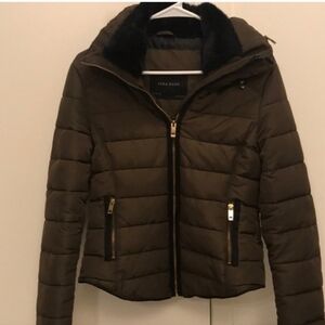 Zara Anorak Hooded Fur Collar Padded Quilted Jacket In Dark Khaki /Olive Sz S